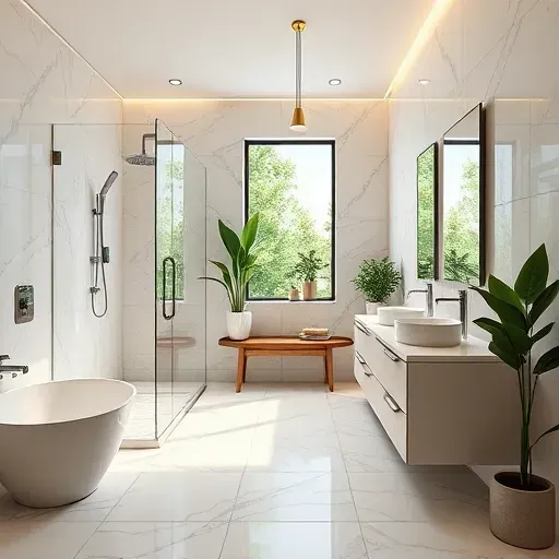 Renovated Herndon VA bathroom with modern fixtures, marble tiles, walk-in shower, floating vanity, large mirror, LED lighting, and natural light