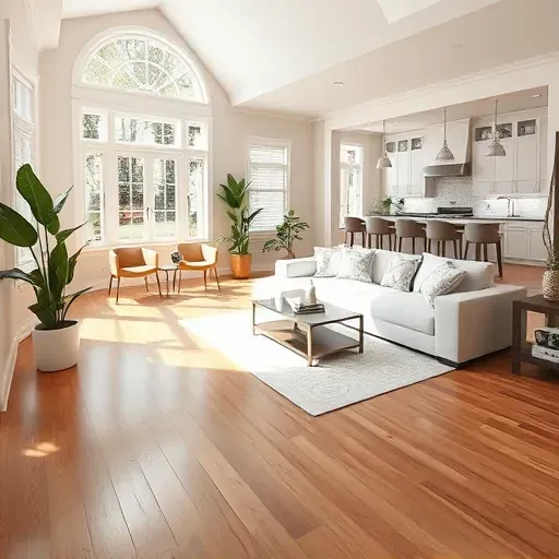 Spacious open-concept living area in Derwood MD with modern hardwood floors, large windows, and sleek kitchen design.