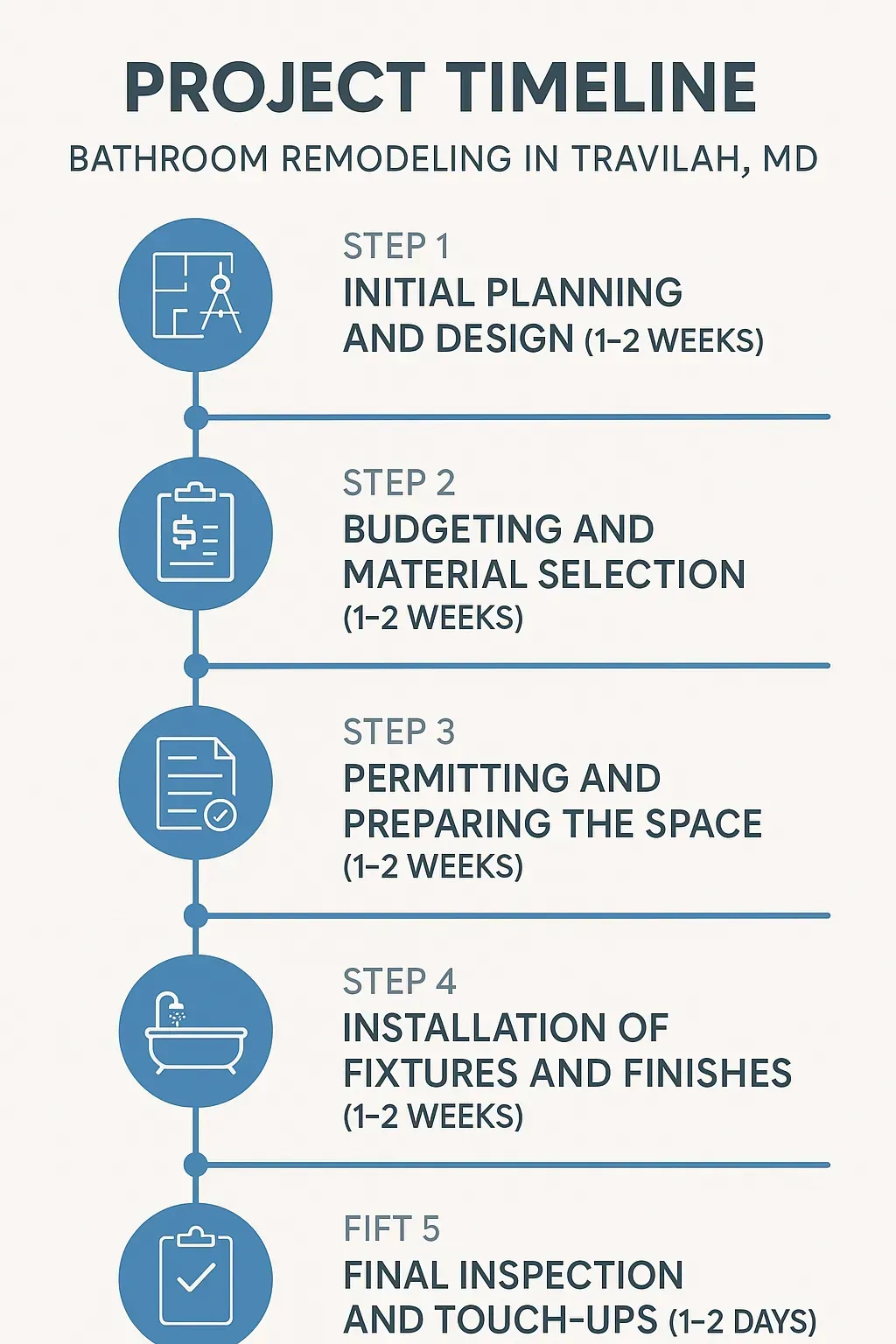 Infographic visualizing the five-step project timeline for bathroom remodeling in Travilah MD with clear design.
