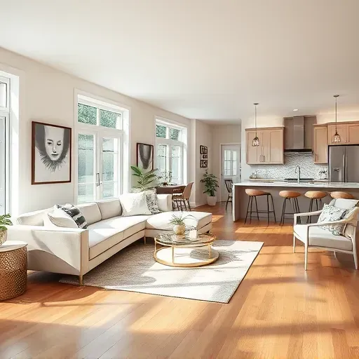 Modern elegant living room in Tysons VA with neutral walls, stylish sofa, open kitchen, and natural light showcasing craftsmanship.