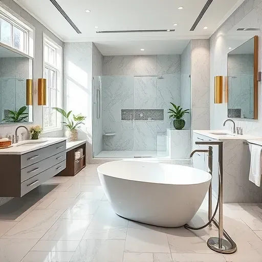 Modern remodeled bathroom in Reston VA with freestanding tub, marble countertops, stylish fixtures, and elegant design.