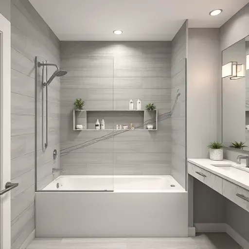 Finished luxurious bathroom with gray and white tiles, frameless glass shower, modern fixtures, and elegant vanity in Rockville MD