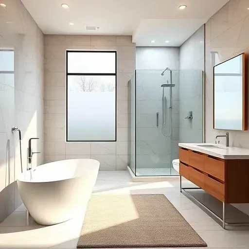 Renovated North Potomac bathroom with modern design, freestanding tub, marble tiles, glass shower, double vanity, and natural wood details