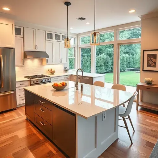 Modern Tysons VA kitchen remodel with custom cabinetry, large island, quartz countertop, and ambient lighting.