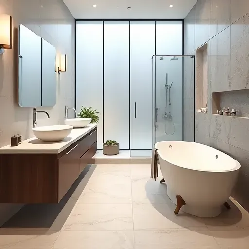 Remodeled bathroom in Rockville MD with modern fixtures, glass-enclosed shower, freestanding tub, and elegant decor.