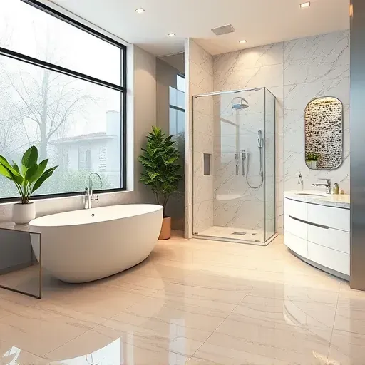 Spacious spa-like bathroom remodel in Aspen Hill MD featuring a freestanding tub, glass shower, and elegant marble countertops.
