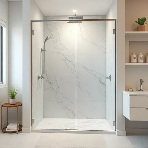 Modern walk-in shower in Rockville MD with frosted glass, marble tiles, brushed nickel hardware and minimalist decor