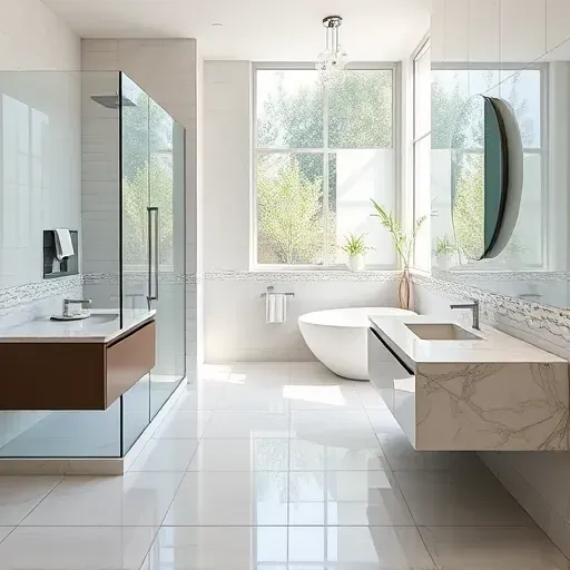 Renovated Arlington VA bathroom with sleek fixtures, frameless glass shower, freestanding tub, marble vanity, natural light and elegant details