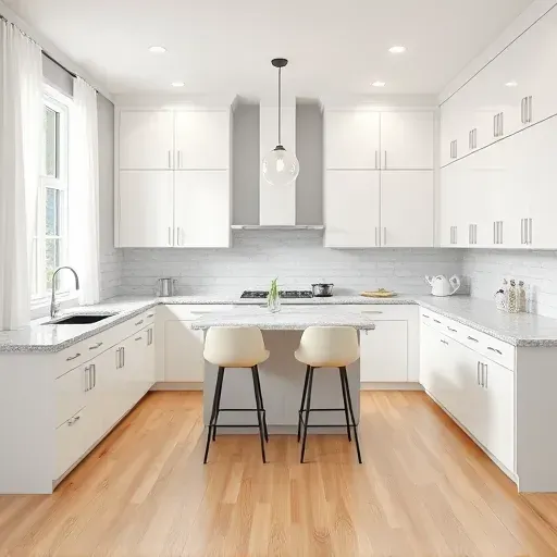 Modern Germantown kitchen remodel with sleek white cabinetry, polished granite countertops, and inviting island with lighting.