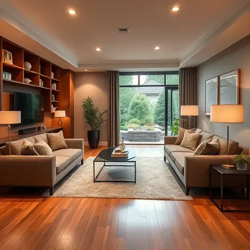 Beautiful finished basement in Rockville MD with modern furnishings, plush sofas, built-in shelves, hardwood floors, and natural light.