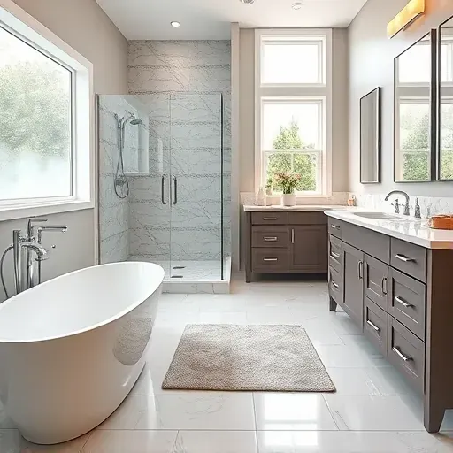 Remodeled Takoma Park bathroom with modern design, freestanding tub, glass shower, double vanity, and natural light