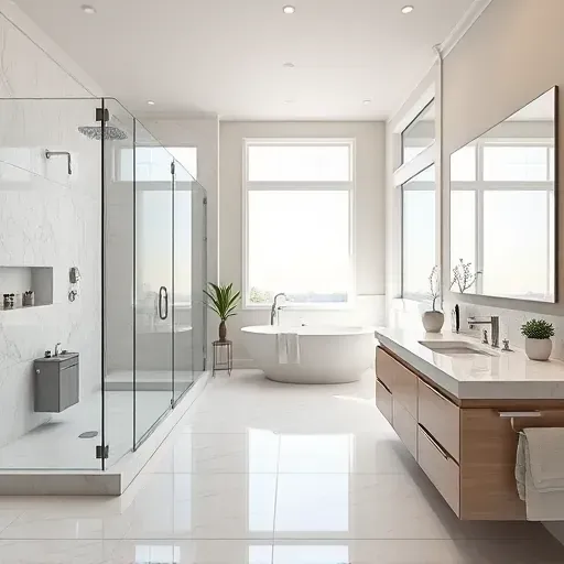 Beautiful remodeled bathroom in Derwood MD with walk-in glass shower, soaking tub, marble double vanity, and modern design
