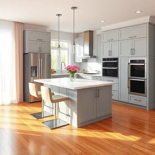 Modern kitchen in Sandy Spring MD featuring gray cabinetry, marble countertops, stainless steel appliances, and hardwood floors.