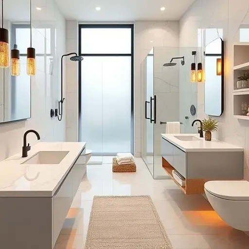 Modern remodeled bathroom in Rockville MD with marble countertops, glass shower, black fixtures, and natural light.