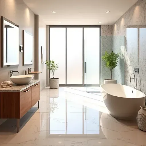 Remodeled bathroom in Gaithersburg MD with modern fixtures, freestanding tub, walk-in shower, and elegant decor.