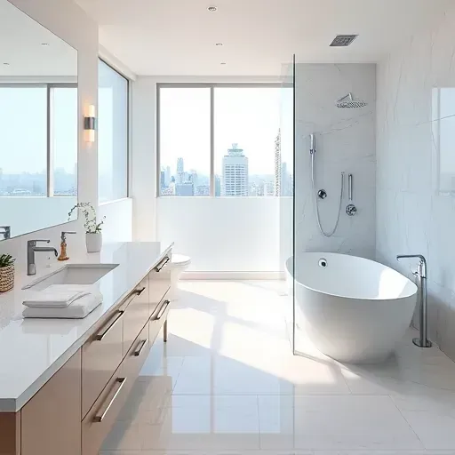 Modern Fairfax bathroom with marble countertops walk-in glass shower soaking tub city view bright minimalist decor