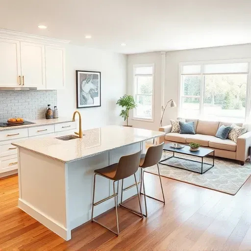 Modern kitchen remodel in College Park MD with sleek white cabinetry, granite counters, and open-concept living space.
