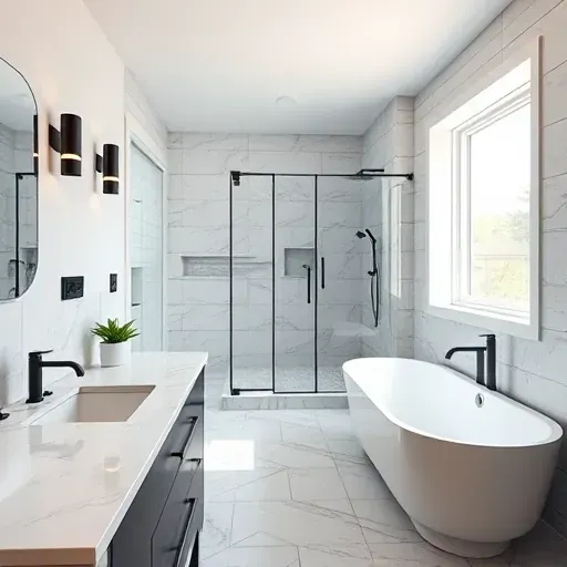 Remodeled modern bathroom in Poolesville MD with walk-in shower, freestanding tub, marble countertops, and black hardware