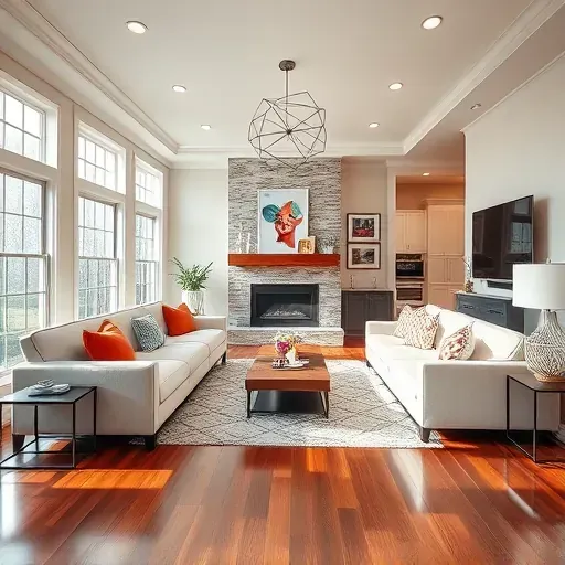 Completed home remodel in North Potomac MD featuring a transformed living room with modern decor and elegant lighting.