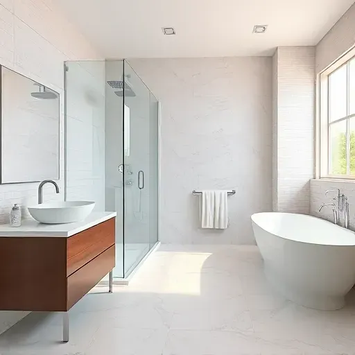 Remodeled bathroom in Clarksburg MD with modern fixtures, walk-in shower, marble vanity, large porcelain tiles, and simple elegance