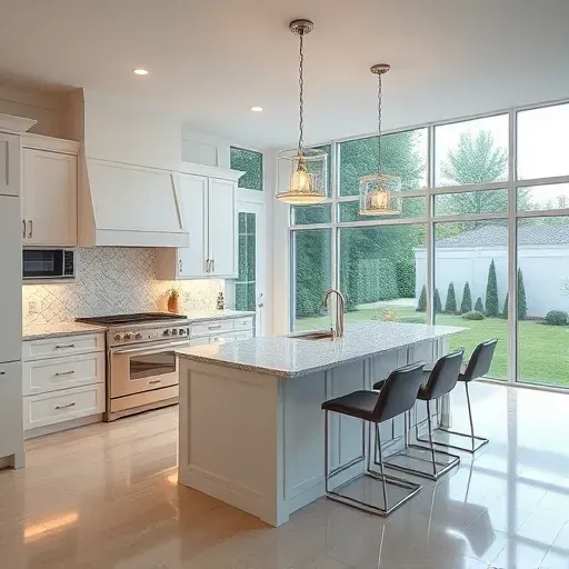 Modern kitchen remodel in Sandy Spring MD with elegant design, granite countertops, and ambient lighting.