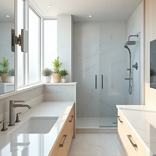 Beautiful modern bathroom in Hyattsville MD with sleek fixtures, marble countertops, walk-in shower, and elegant design