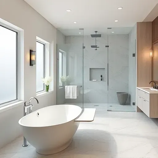 Completed luxury bathroom in Chevy Chase MD with modern fixtures, soaking tub, glass shower, marble counters, and elegant decor