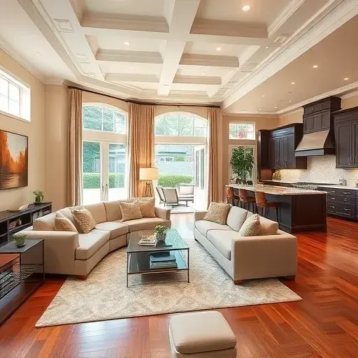 Elegant contemporary living room in Brookeville MD featuring high ceilings, coffered details, and warm inviting colors.