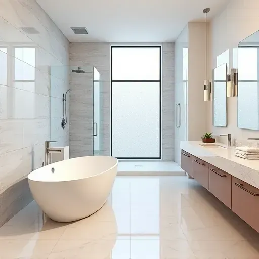 Freshly renovated Rockville MD bathroom featuring modern fixtures, double vanity, soaking tub, and spacious shower.