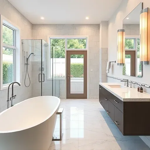 Beautiful renovated Oxon Hill Maryland bathroom with modern fixtures, freestanding tub, walk-in shower, marble countertops, and natural light