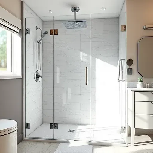 Recently completed modern bathroom shower in Rockville MD with glass doors chrome fixtures and sleek tiles