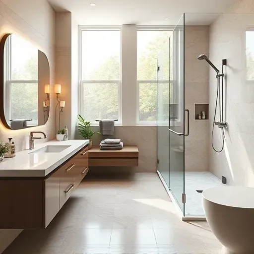 Bright modern bathroom in Rockville MD featuring marble countertops chrome fixtures ceramic tiles floating vanity and frameless glass shower