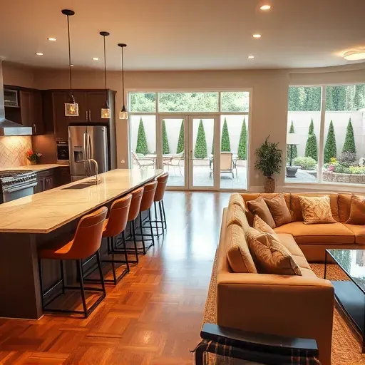 Elegant open-concept living room in North Potomac showcasing a sleek kitchen, warm lighting, and vibrant backyard views.
