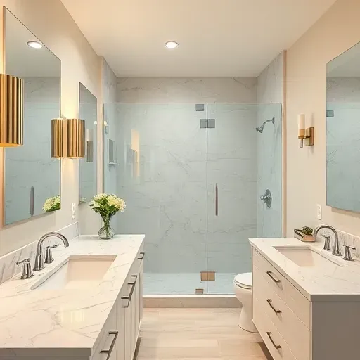 Luxurious bathroom in Oxon Hill MD with sleek fixtures, marble countertops, walk-in shower, modern cabinetry, and warm natural lighting