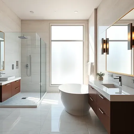 Remodeled bathroom in Rockville MD featuring modern fixtures, walk-in shower, freestanding tub, and elegant marble countertops.