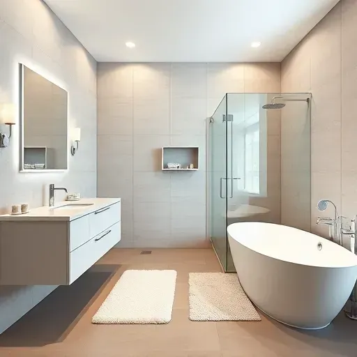 Renovated modern bathroom in Rockville Maryland with a frameless glass shower, marble vanity, LED mirror, and neutral tiles