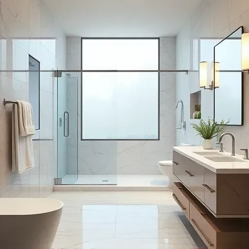 Remodeled bathroom in Poolesville MD with modern fixtures, walk-in glass shower, marble counters, polished tiles, and natural light