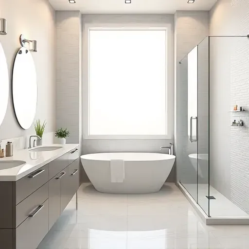 Modern remodeled bathroom in Olney MD with sleek fixtures, glass shower, freestanding tub, marble vanity, and elegant decor