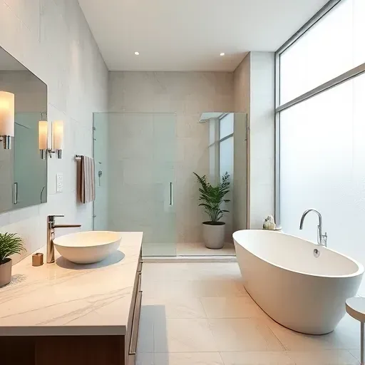 Renovated bathroom in Rockville MD with modern fixtures, glass shower, freestanding tub, and designer lighting.