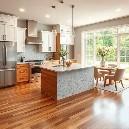 Modern kitchen remodeling in Vienna VA features granite countertops, stainless steel appliances, and elegant pendant lighting.