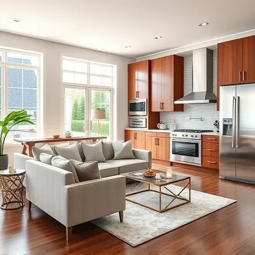 Modern kitchen and living area in Greenbelt MD showcasing granite countertops, custom cabinetry, and natural light.
