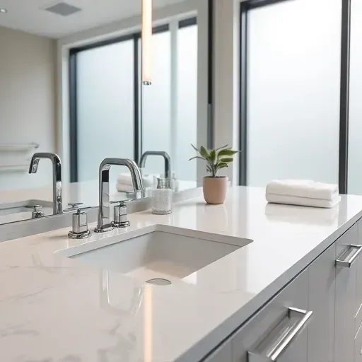 Freshly replaced bathroom quartz countertop in Rockville MD with sleek surface, chrome fixtures, modern sink, and natural light