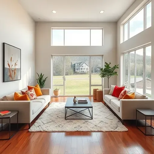 Modern living room in Clarksburg MD with neutral furniture, vibrant accents, hardwood flooring, and natural light.