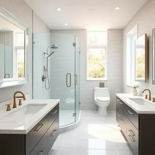 Renovated bathroom in Silver Spring MD with modern fixtures, spacious shower, marble countertops, and stylish tile flooring.