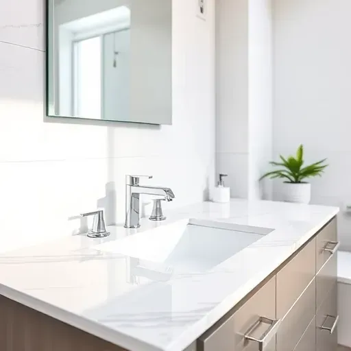 Freshly installed modern bathroom vanity in Rockville MD with polished marble countertop, chrome fixtures, and minimalist decor