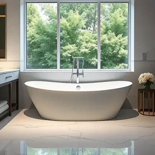 Modern sleek bathtub installation in a polished marble bathroom with greenery view in Rockville MD