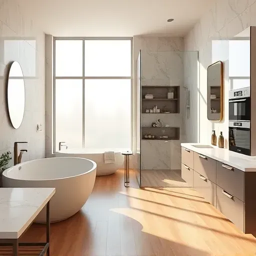 Luxurious renovated bathroom in Travilah MD with glass shower tub marble countertops modern fixtures and natural light