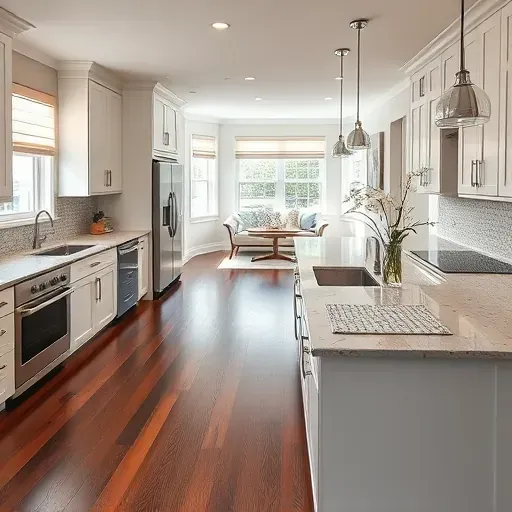 Modern Wheaton MD kitchen remodeling features sleek cabinetry, granite island, stainless appliances, and elegant mosaic backsplash.