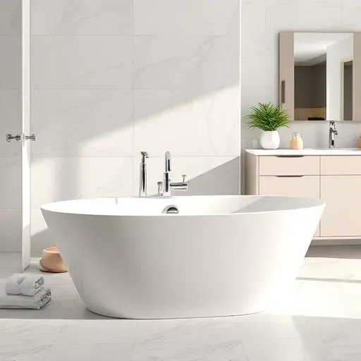 Pristine white freestanding bathtub in a modern Rockville Maryland bathroom with elegant tiles and sleek fixtures
