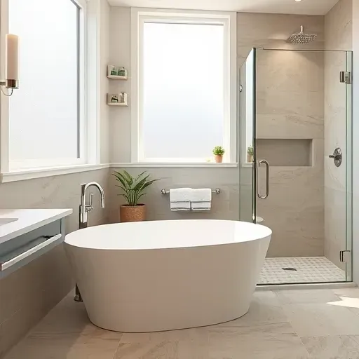 Remodeled Alexandria bathroom with modern fixtures, marble countertop, glass shower, white bathtub, and elegant tiles